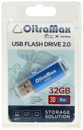Флешка OltraMax 30, 32 Гб, USB2.0, чт до 15 Мб/с, зап до 8 Мб/с, синяя 19848352117315
