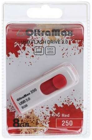 Флешка OltraMax 250, 8 Гб, USB2.0, чт до 15 Мб/с, зап до 8 Мб/с, красная 19848352120846
