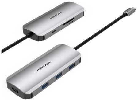 Vention Мультифункциональный хаб USB Type C 7 в 1, HDMI 4K + 3xUSB 3.0 + SD/TF + PD 100W, арт. TOJHB