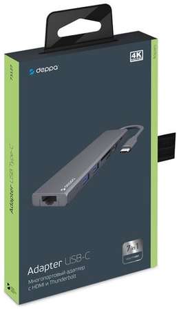 Deppa Адаптер для USB Type-C хаб, HDMI, Power, Delivery, 2 x USB 3.0, RJ45, microSD/SD, встроенный кабель 19848368890530