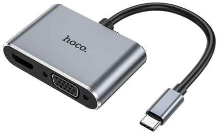 USB Хаб (HB30) c 1 Type-C на 1 USB 3.0+PD+VGA+HDTV, HOCO, металлический серый 19848375763987