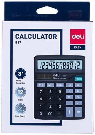Калькулятор настольный комп. Deli E837, 12-р, дв. пит, 148x120мм, черный 19848385205173