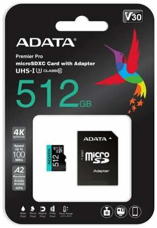 Карта памяти Adata microSDXC 512Gb Premier Pro UHS-I U3 V30 A2 + ADP (100/80 Mb/s) 19848389453008