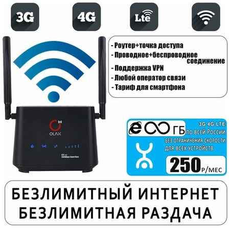 Комплект с безлимитным интернетом и раздачей, Wi-Fi роутер OLAX AX5 PRO со встроенным 3G/4G модемом + сим карта с тарифом за 250р/мес