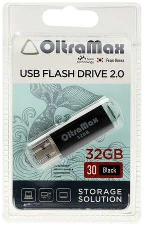 Сима-ленд Флешка OltraMax 30, 32 Гб, USB2.0, чт до 15 Мб/с, зап до 8 Мб/с, чёрная 9441553 19848535561811