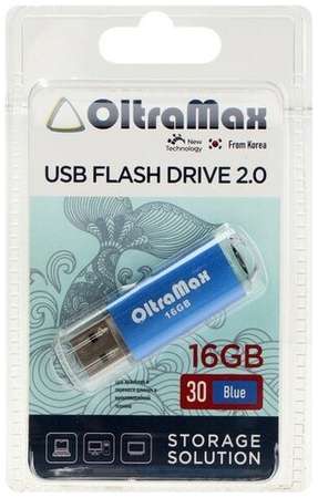 Флешка OltraMax 30, 16 Гб, USB2.0, чт до 15 Мб/с, зап до 8 Мб/с, синяя 19848538758862