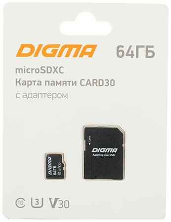 Карта памяти microSDXC UHS-I U3 Digma 64 ГБ, 80 МБ/с, Class 10, CARD30, 1 шт, переходник SD [dgfca064a03] 19848570260984