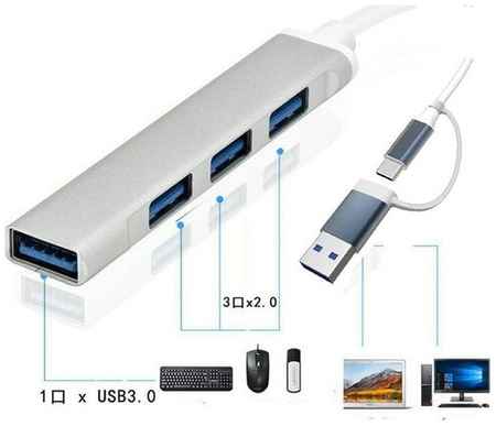 Высококачественный, компактный USB+Type-C ХАБ Rapture 757 (HUB 1X-USB 3.0 + 3X-USB 2.0) 105mm Хаб USB на 4x USB, Android, Apple, Windows, Linux 19848590146726