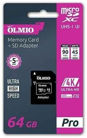 Карта памяти OLMIO microSDXC UHS-I U3 V30 Class10 64GB + SD adapter (черный)