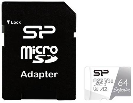 Карта памяти Silicon Power microSDXC 64 ГБ Class 10, V30, A2, UHS Class 3, R/W 100/80 МБ/с, адаптер на SD, 1 шт., белый
