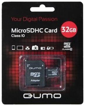 Карта памяти Qumo microSDHC 32 ГБ Class 10, V10, A1, UHS-I U1, адаптер на SD, 1 шт., черный