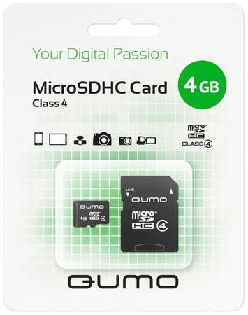 Карта памяти Qumo microSDHC 4 ГБ Class 4, адаптер на SD, 1 шт., черный 19848636061563