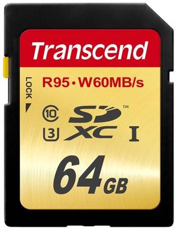 Карта памяти Transcend SDXC 64 ГБ Class 10, V60, A1, UHS-I U3, R/W 95/60 МБ/с, 1 шт., черный 19848636063103