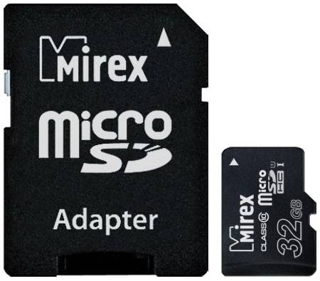 Карта памяти Mirex microSDHC 32 ГБ Class 10, V10, A1, UHS-I, R/W 104/45 МБ/с, адаптер на SD, 1 шт., черный 19848636063175