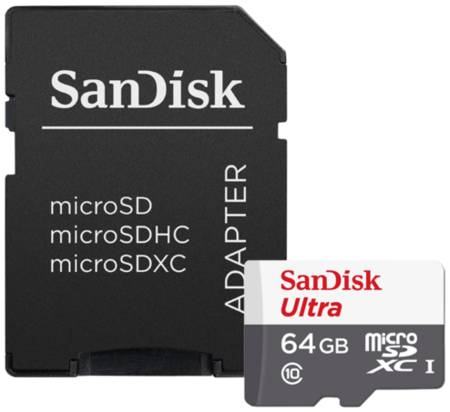 Карта памяти SanDisk microSDXC 64 ГБ Class 10, V10, A1, UHS-I, R/W 80/10 МБ/с, адаптер на SD, 1 шт., черный 19848636063559