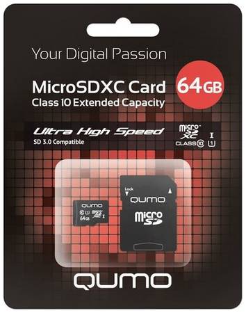 Карта памяти Qumo microSDXC 64 ГБ Class 10, V10, A1, UHS-I U1, R/W 90/20 МБ/с, 1 шт., черный 19848636063700