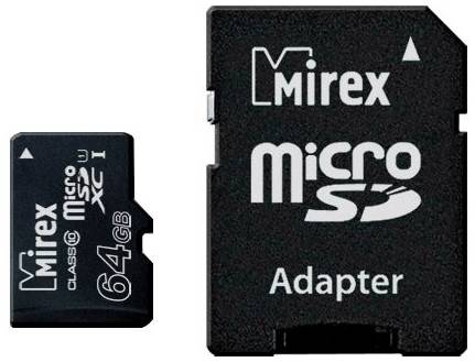 Карта памяти Mirex microSDXC 64 ГБ Class 10, V10, A1, UHS-I U1, R/W 45/25 МБ/с, адаптер на SD, 1 шт., черный 19848636063727