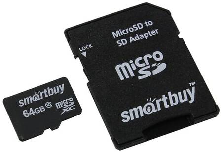 Карта памяти SmartBuy microSDXC 64 ГБ Class 10, V30, R/W 20/17 МБ/с, адаптер на SD, 1 шт., черный