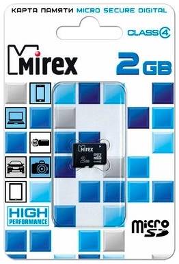 Карта памяти Mirex microSD 2 ГБ Class 4, R/W 12/5 МБ/с, 1 шт., черный