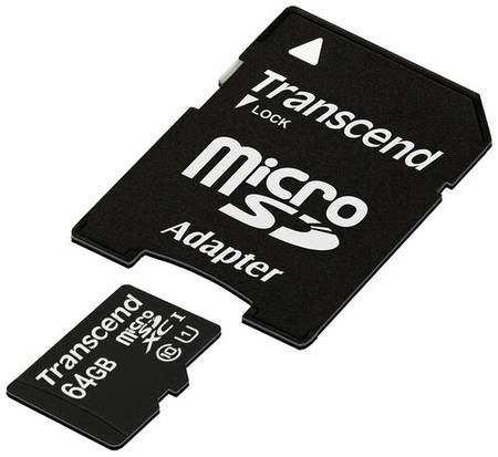Карта памяти Transcend microSDHC 64 ГБ Class 10, UHS-I U1, адаптер на SD, черный