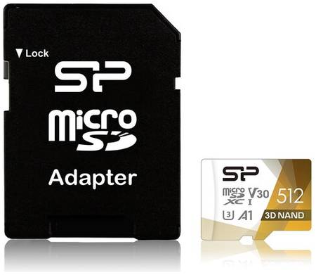 Карта памяти Silicon Power microSDXC, V30, UHS-I U3, R/W 100/80 МБ/с, адаптер на SD, белый/золотистый