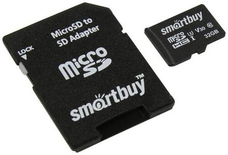Карта памяти SmartBuy microSDHC 32 ГБ Class 10, V30, UHS Class 3, R/W 95/60 МБ/с, адаптер на SD, 1 шт., черный 19848636065634