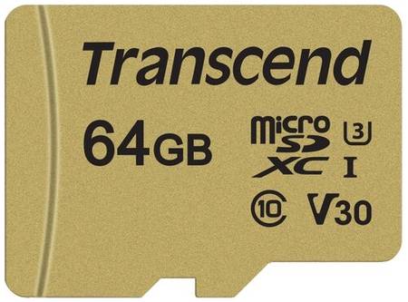 Карта памяти Transcend microSDXC 64 ГБ Class 10, V30, A1, UHS-I U1, R/W 95/60 МБ/с, адаптер на SD, 1 шт., золотистый 19848636065646