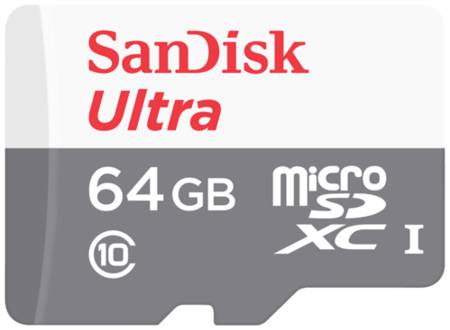 Карта памяти SanDisk microSDXC 64 ГБ Class 10, V10, A1, UHS-I, R 100 МБ/с, адаптер на SD, 1 шт., серый/белый