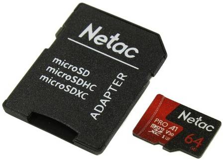 Карта памяти Netac microSDXC 64 ГБ Class 10, V30, A1, UHS-I U3, R 100 МБ/с, адаптер на SD, 1 шт., черный/красный 19848636065752