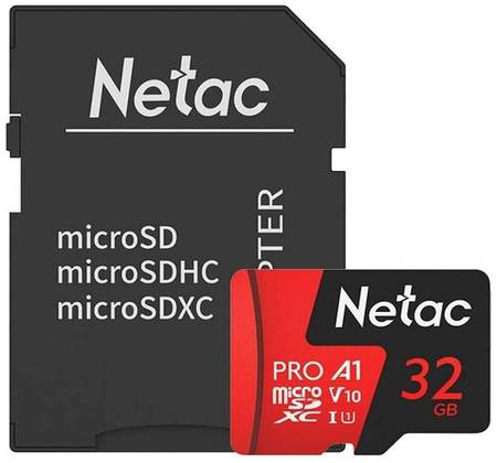 Карта памяти Netac microSD 32 ГБ Class 10, V10, A1, UHS-I U3, R 100 МБ/с, адаптер на SD, черный/красный 19848636065757