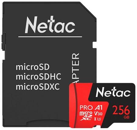 Карта памяти Netac microSDXC 256 ГБ Class 10, V30, A1, UHS-I, R 100 МБ/с, адаптер на SD, 1 шт., черный/красный 19848636065758
