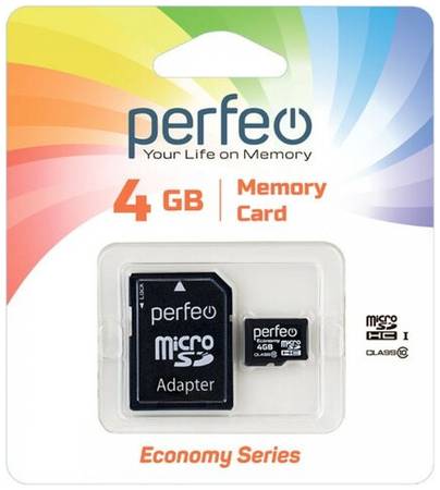 Карта памяти Perfeo microSDHC 4 ГБ Class 10, UHS-I, W 10 МБ/с, адаптер на SD, 1 шт., черный 19848636065777
