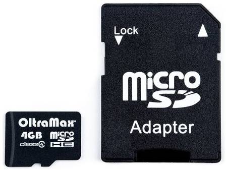 Карта памяти OltraMax microSDHC 4 ГБ Class 4, адаптер на SD, 1 шт., черный