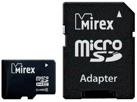 Карта памяти Mirex microSDHC 16 ГБ Class 4, A1, R/W 12/5 МБ/с, адаптер на SD, 1 шт., черный