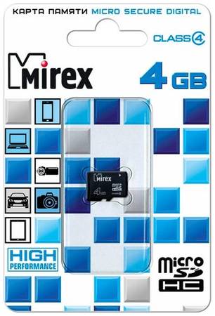Карта памяти Mirex microSDHC 4 ГБ Class 4, R/W 12/5 МБ/с, 1 шт., черный