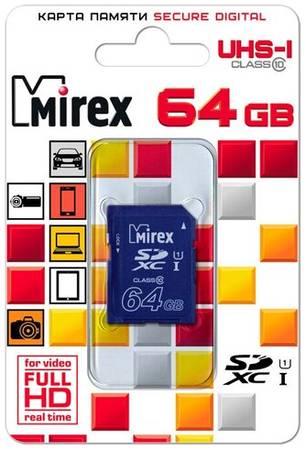 Карта памяти Mirex SDXC 64 ГБ Class 10, V10, A1, UHS-I U1, R/W 45/25 МБ/с, 1 шт., черный 19848636069389