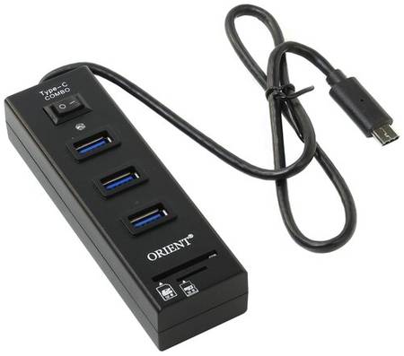 Разветвитель USB-C Orient JK-331 Type C хаб - концентратор 3 порта USB3.0 + картридер + выключатель линейка - чёрный 19848646049316