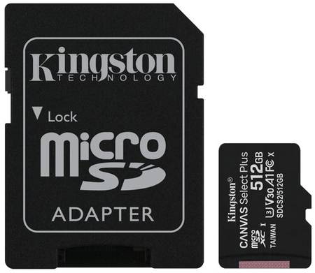 Карта памяти Kingston microSDXC 512 ГБ Class 10, V30, A1, UHS Class 3, R/W 100/85 МБ/с, адаптер на SD, 1 шт., черный 19848652811974