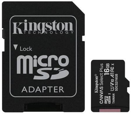Карта памяти Kingston microSDHC 16 ГБ Class 10, V10, A1, UHS-I U1, R 100 МБ/с, адаптер на SD, 1 шт., черный 19848652828972