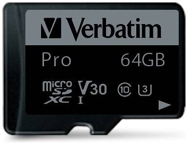 Карта памяти Verbatim microSDHC 64 ГБ Class 10, V30, UHS-I U3, R/W 90/45 МБ/с, адаптер на SD, черный