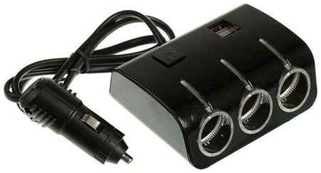 Разветвитель прикуривателя, 3 гнезда, 2 USB 1 А, 60 Вт, 12/24 В, подсветка, провод 70 см (комплект из 3 шт) 19848722764450