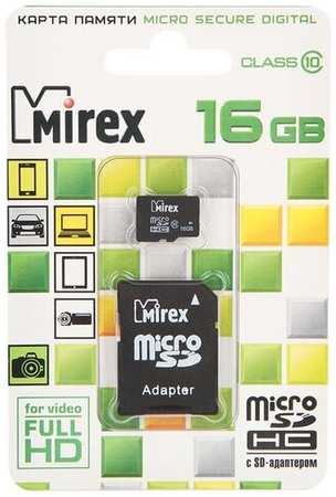 Карта памяти 16Gb - Mirex - Micro Secure Digital HC Class 10 13613-AD10SD16 с переходником под SD (Оригинальная!) 19848726901415