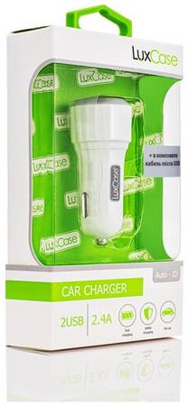 LuxCase Зарядное устройство автомобильное / зарядка в прикуриватель / 2 USB 2,4A / 2 юсб / зарядка с кабелем micro-usb 3A