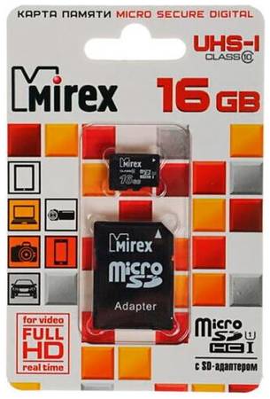 Карта памяти 16Gb - Mirex MicroSD Class 10 UHS-I 13613-ADSUHS16 с адаптером SD (Оригинальная 19848749503800