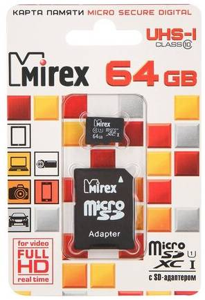 Карта памяти 64Gb - Mirex - Micro Secure Digital HC Class 10 UHS-I 13613-AD10SD64 с переходником под SD (Оригинальная