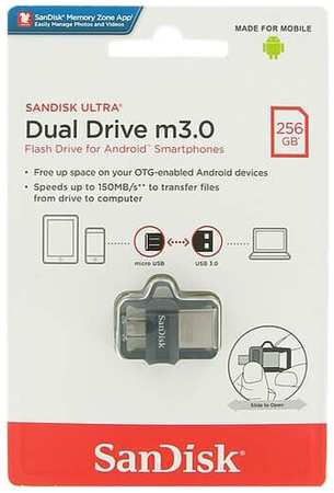 Флеш накопитель 256GB SanDisk Ultra Android Dual Drive OTG, m3.0/USB 3.0, Black 19848798989593