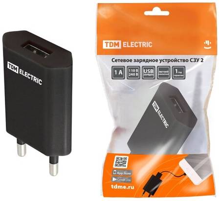 TDM ELECTRIC Сетевое зарядное устройство, СЗУ 2, 1 А, 1 USB, черный, TDM 19848845765911