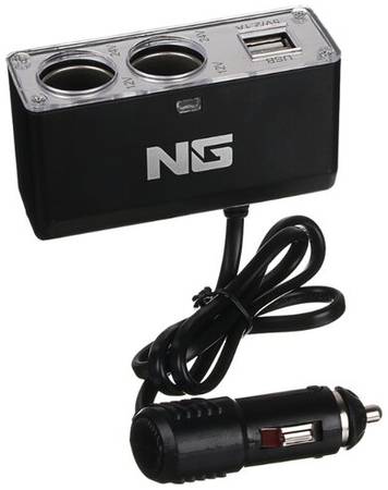 NEW GALAXY NG Разветвитель прикуривателя в авто, 2 гнезда, 2 USB, 60 W, 2.1А, 12/24В, пластик