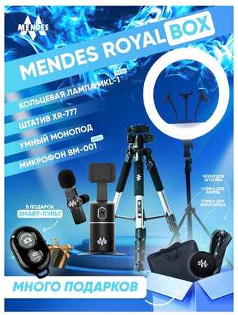 Mendes Royal Box / Умный штатив монопод для телефона 4 в 1 напольный стальной штатив тренога, петличка iPhone (беспроводной микрофон) и кольцевая лампа 45 см