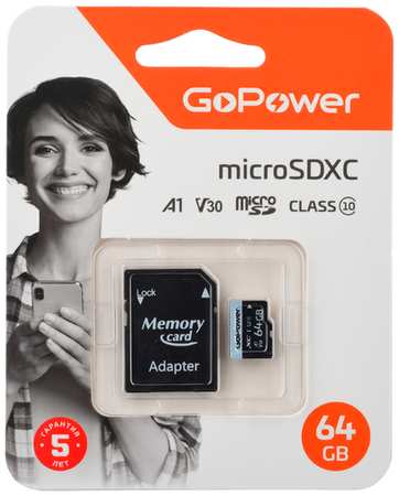 Карта памяти 64Gb MicroSD GoPower + SD адаптер (00-00025676) 198576779015